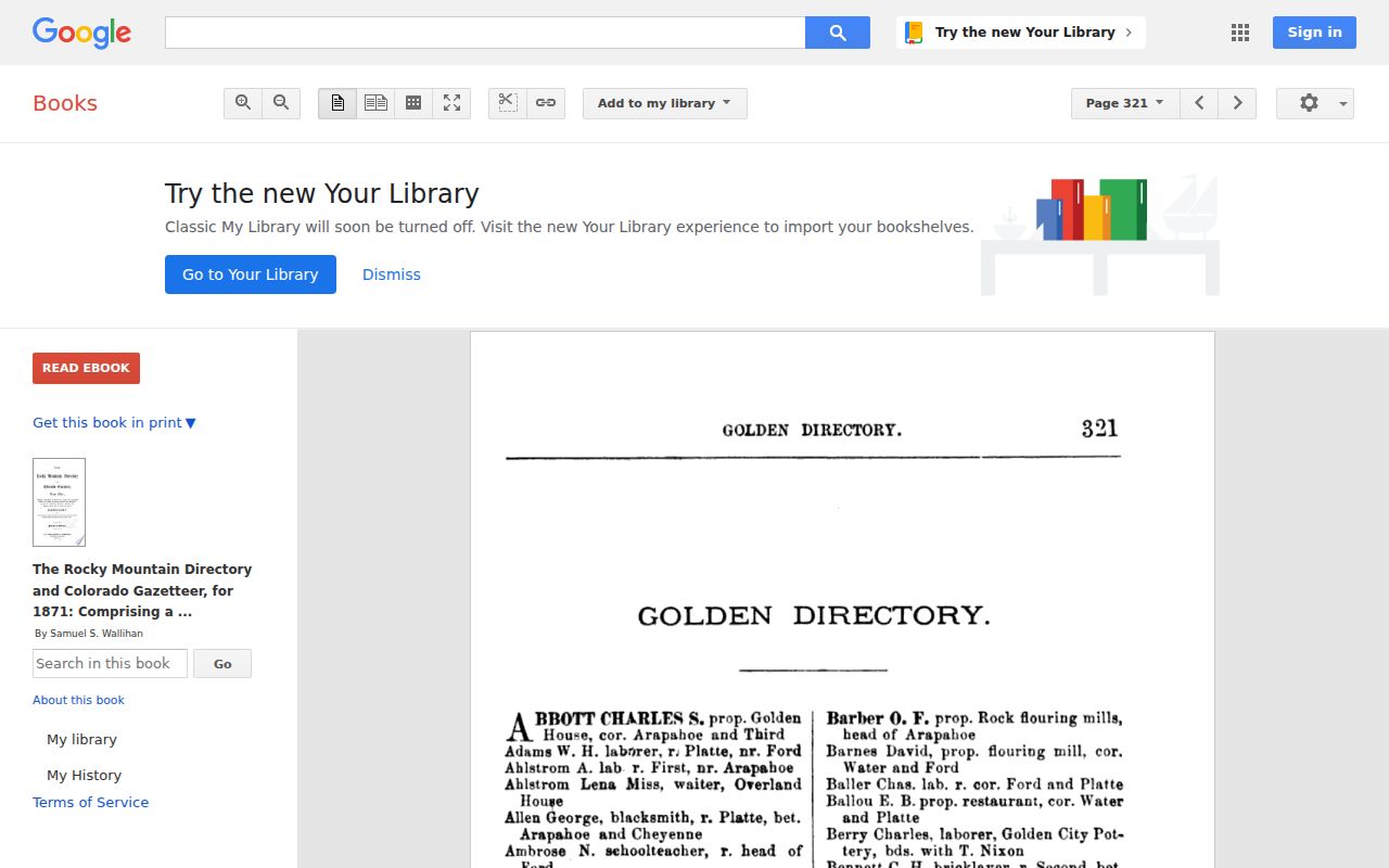 Golden city directory 1871 Google Books page capture with Golden entry search context