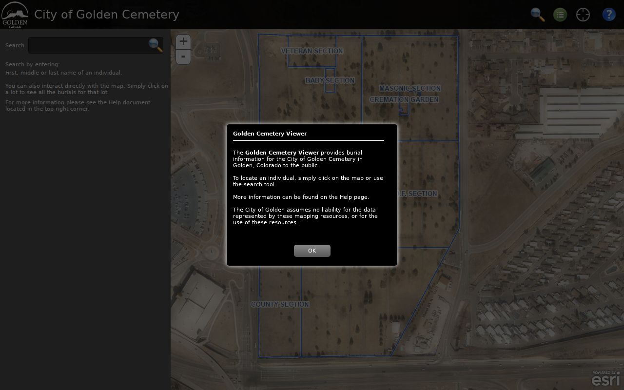 Golden city directory research view of the Golden Cemetery map and resident name search