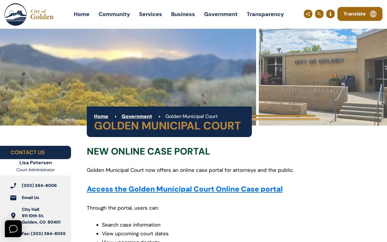 Golden residents directory research view of the Golden Municipal Court information page