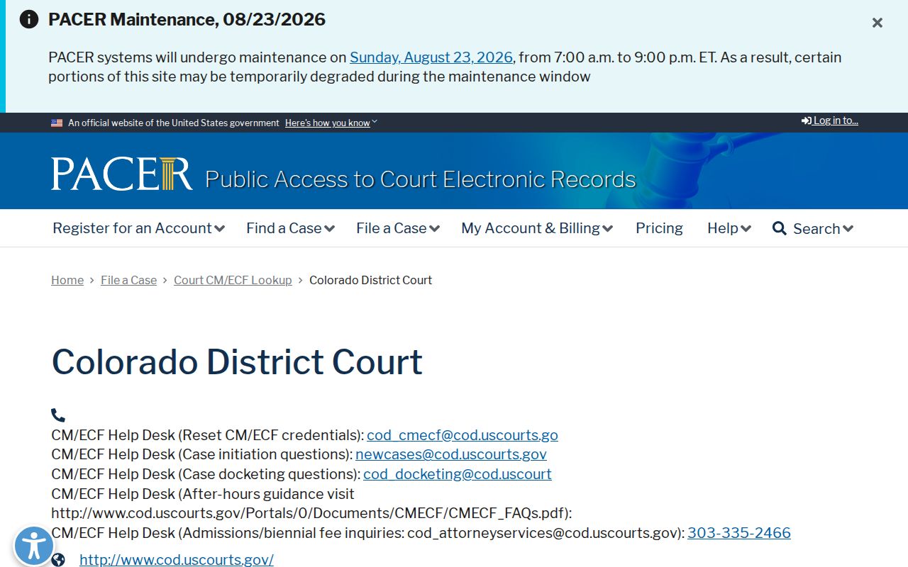 Golden residents directory research view of the District of Colorado federal court access route