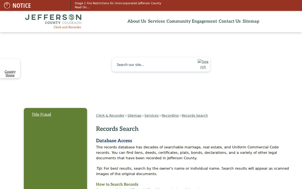 Golden residents directory research view of the Jefferson County Recorder office portal