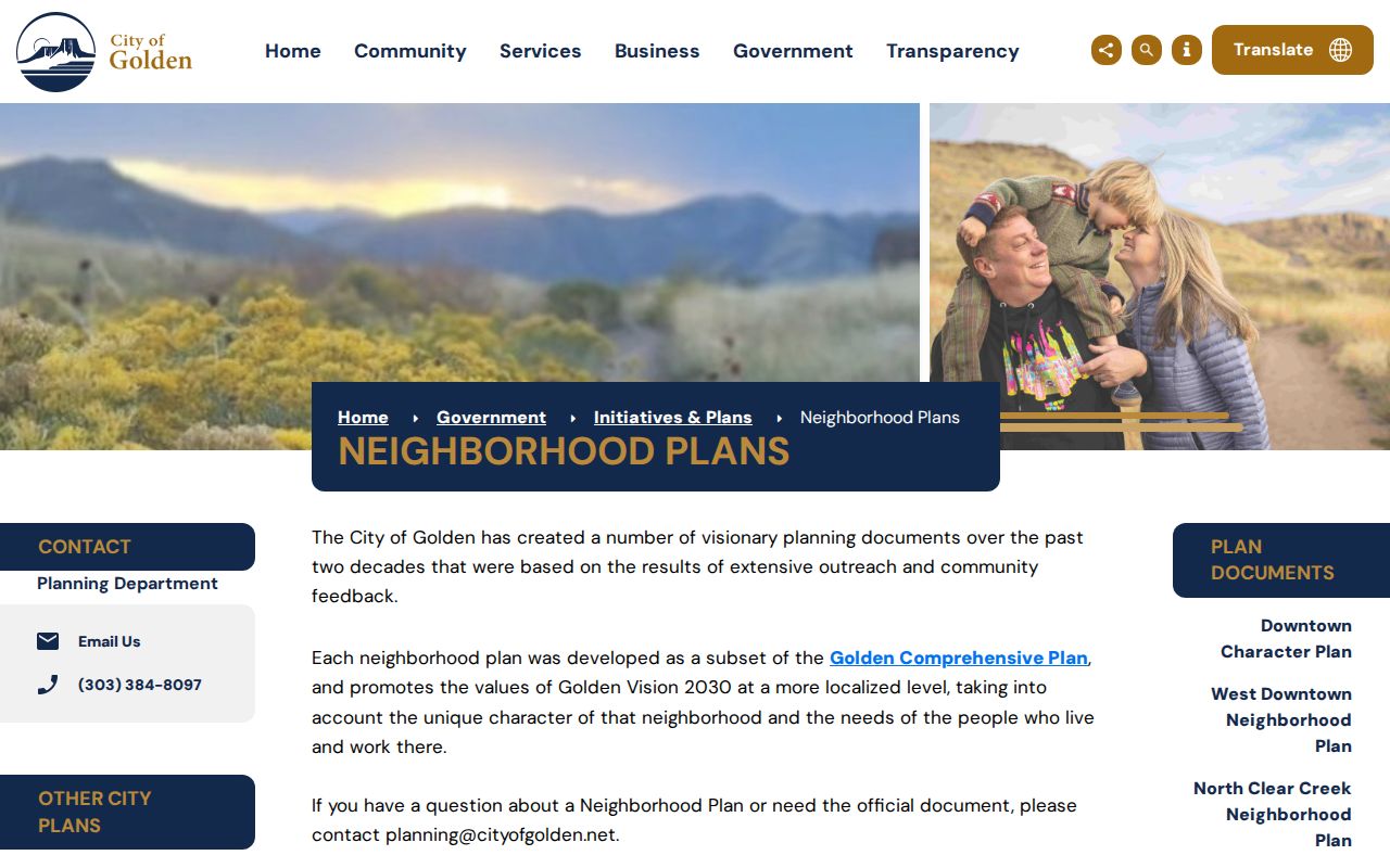 Golden neighbors research view of the City of Golden neighborhood plans page