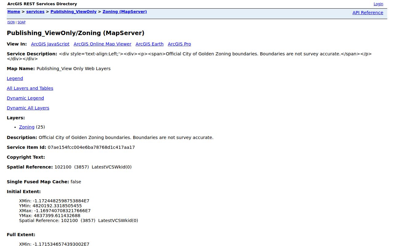 Golden street directory City of Golden zoning layer and public map service