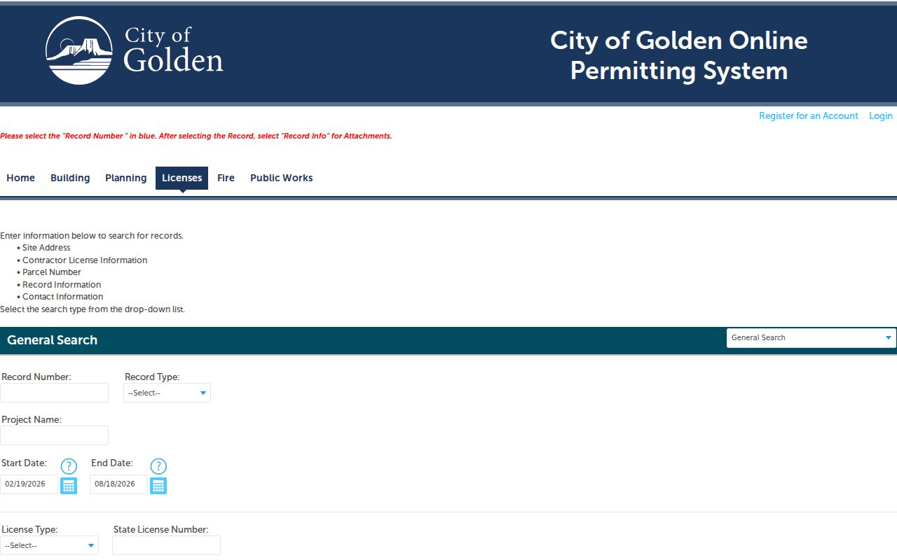 Golden ZIP code directory Accela license and record search fields